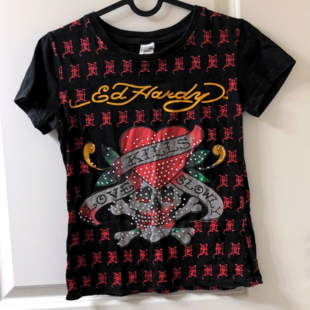 VTG Ed Hardy Junior's T-Shirt M 'Love Kills Slowly' Skull & Rhinestones London
